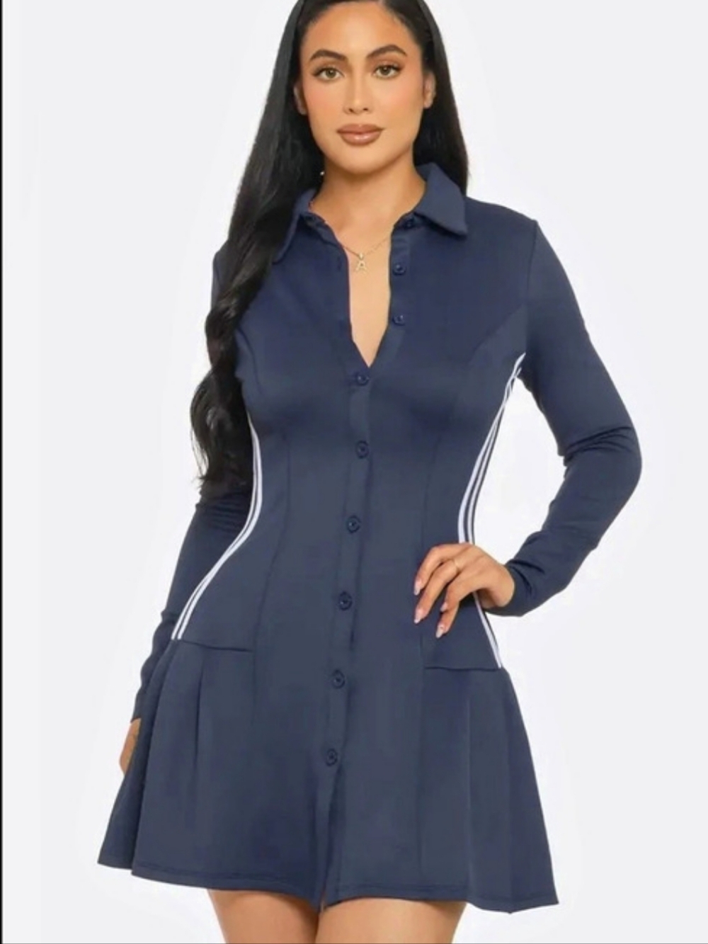 Julia by LoveJ - Button Down Side Vertical Contrast Stripe Pleated Mini Dress:
